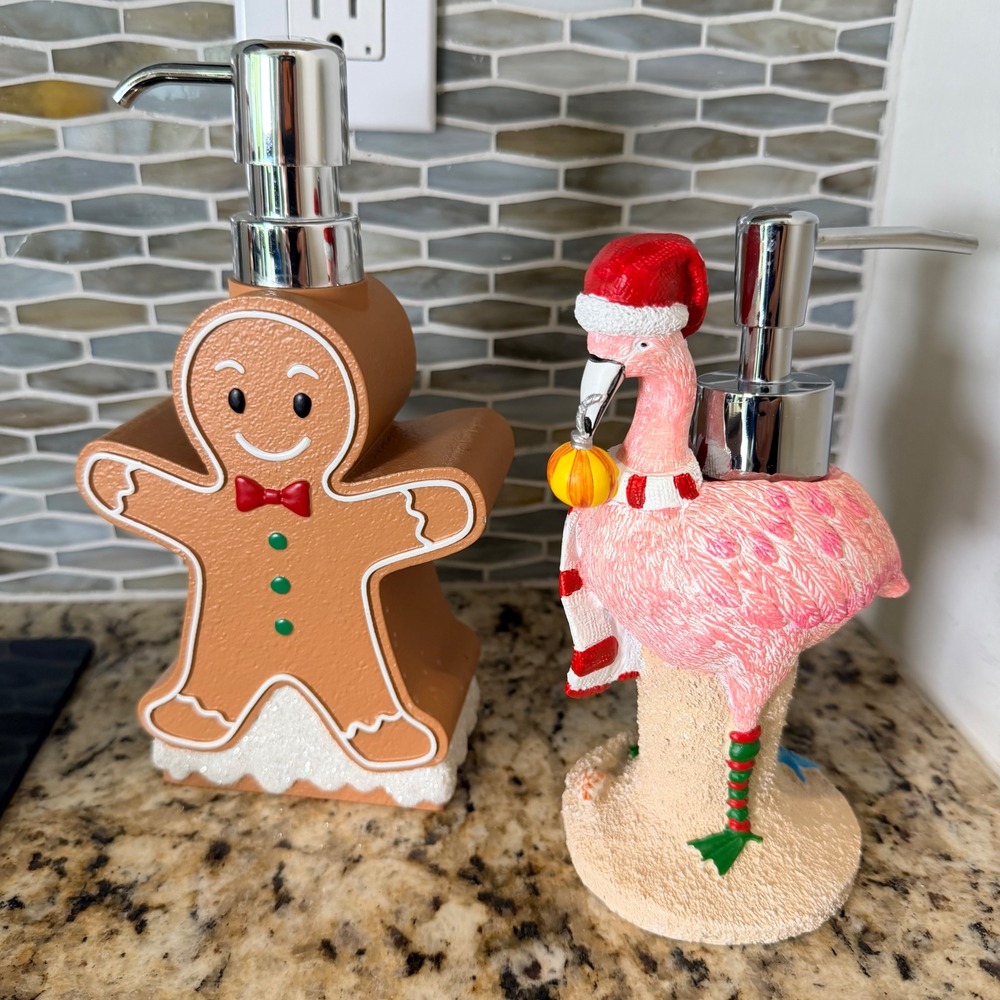 Christmas Soap Dispenser Set Gingerbread Man and Santa Flamingo Tropical Holiday